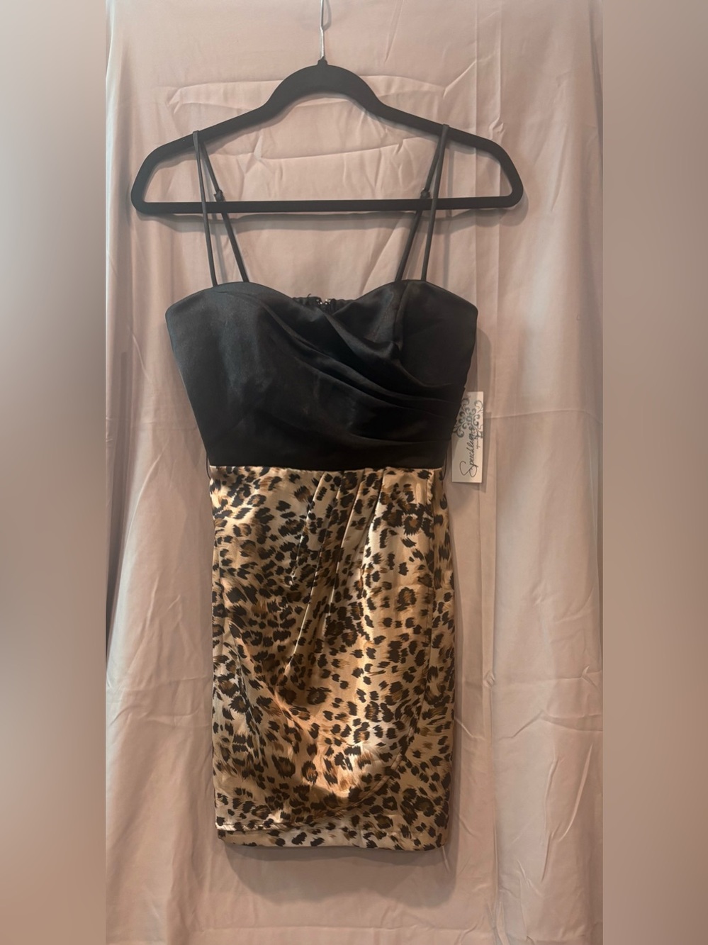 Speechless Black and Leopard Satin Strapless Midi Dress